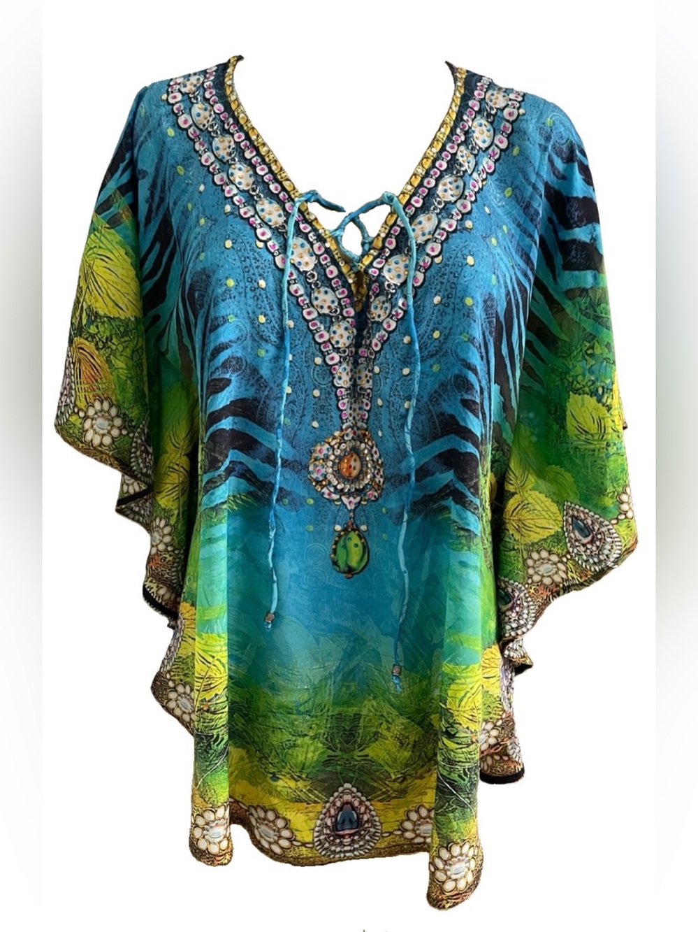 LA MODA Fabulous Jeweled TROPICAL Print Swimsuit COVER-UP Tunic Top One-Size